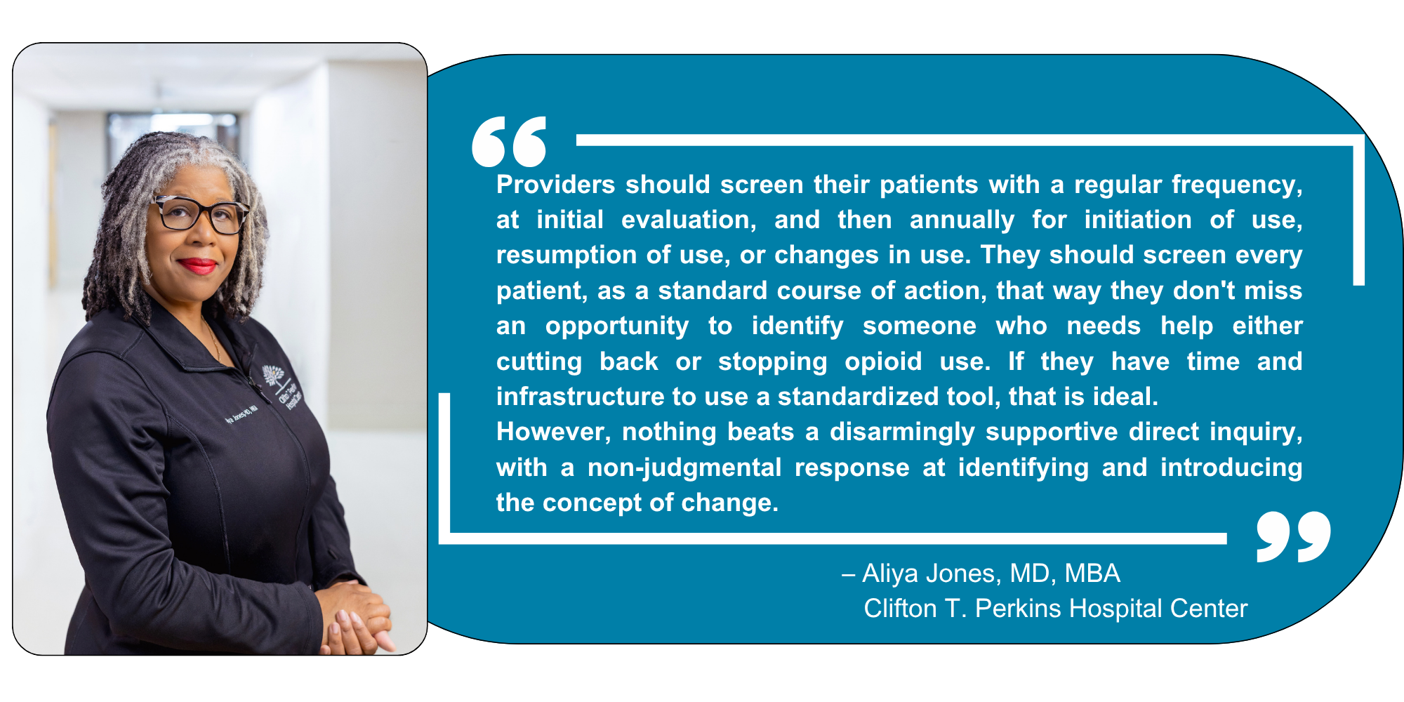 Provider looking into camera and quote about prescribing medications for opioid use disorder