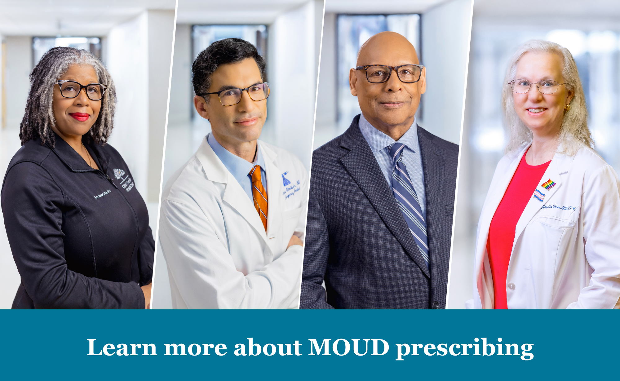 Four doctors posing separately and looking directly into camera