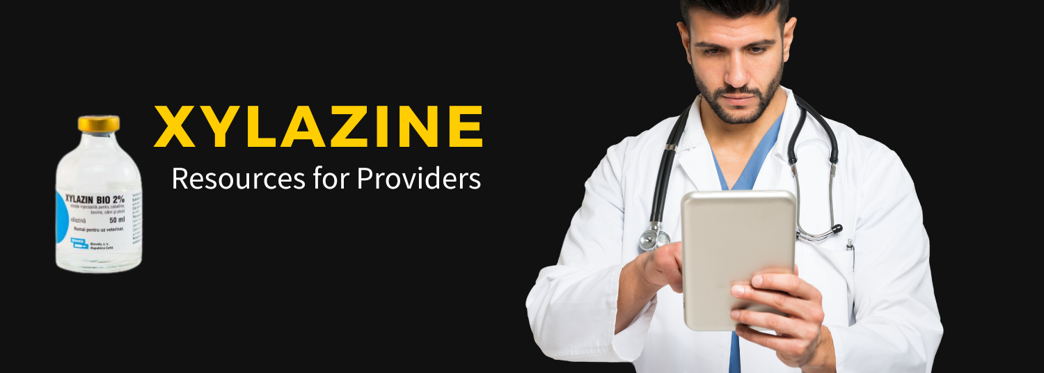 banner featuring a black background and a cutout image of a male doctor on a tablet, a vial of xylazine and text